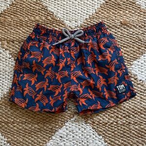 Tom & Teddy Toddler Boys’ Navy Blue & Orange Sea Turtle Swim Trunks - Size 1/2